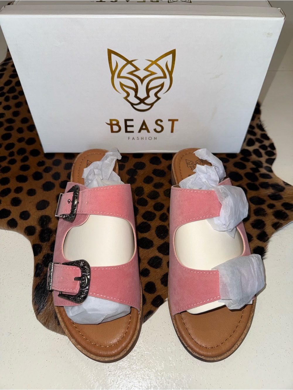 BEAST FASHION Pink Suede Double Buckle Slide Sandals